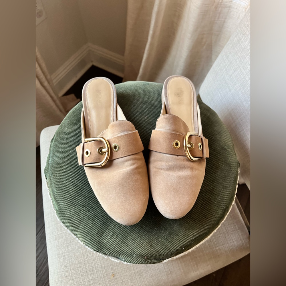 Michael Kors Women’s Mules 8 Khaki Suede Slip On Buckled Leather